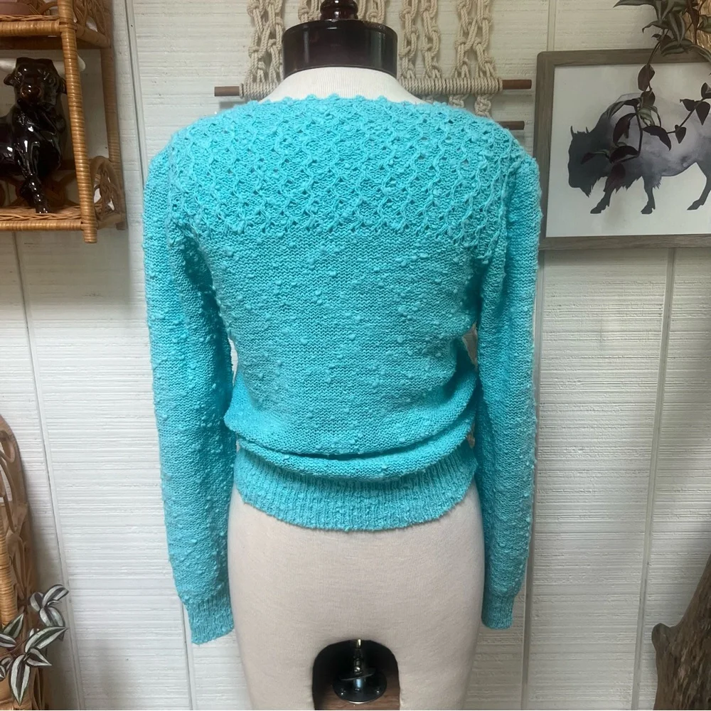 Vintage aqua/teal knit textured sweater with 3 button up neckline - Picture 7 of 10